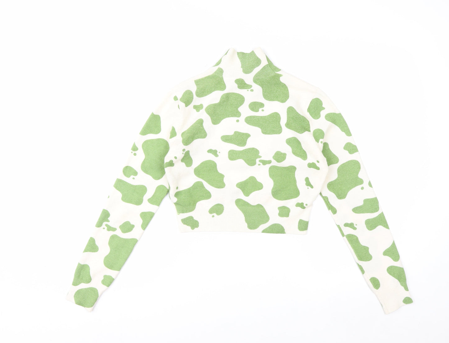 Zara Women Green White Cropped Knit High Neck Top Size M
