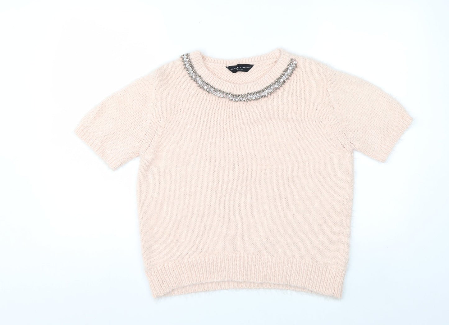 Dorothy Perkins Women Ivory Beaded Crew Neck Short Sleeve Jumper Size 14