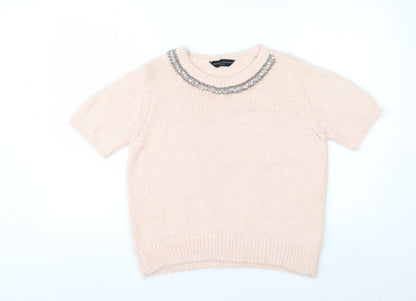 Dorothy Perkins Women Ivory Beaded Crew Neck Short Sleeve Jumper Size 14