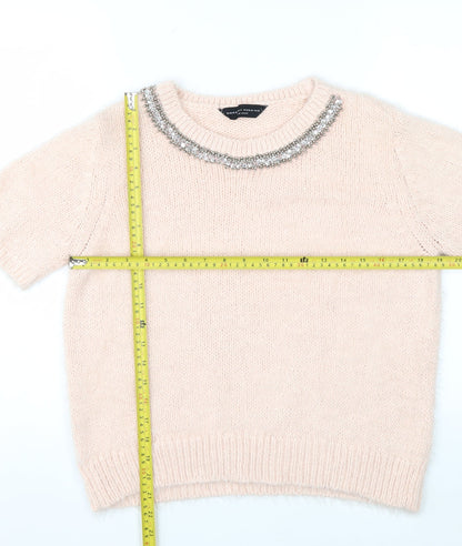 Dorothy Perkins Women Ivory Beaded Crew Neck Short Sleeve Jumper Size 14