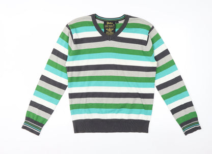 Petroleum Men's Multicoloured L V-Neck Cotton Striped Jumper