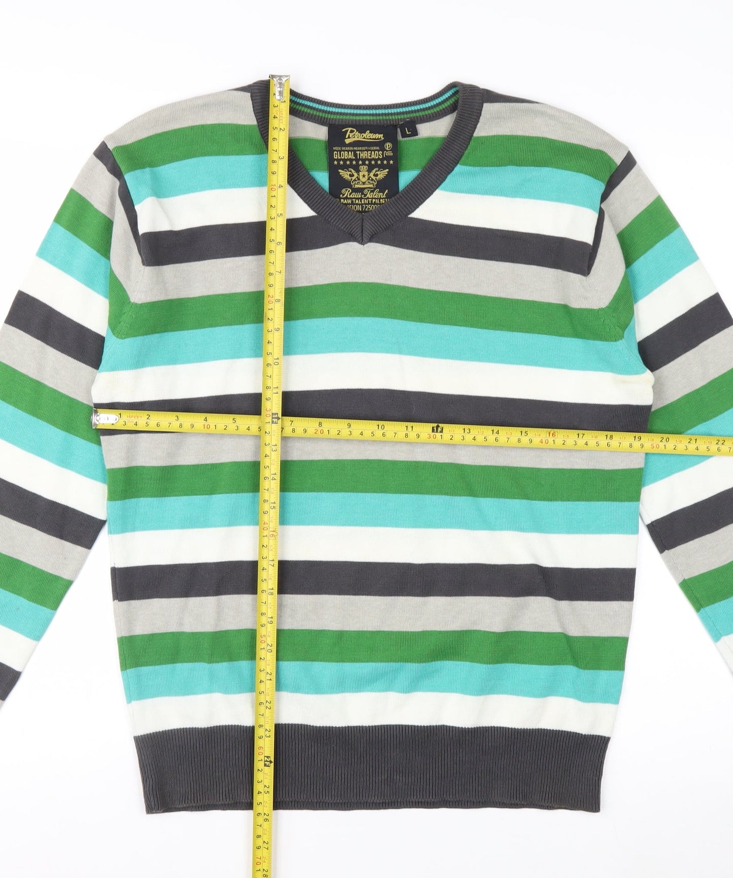 Petroleum Men's Multicoloured L V-Neck Cotton Striped Jumper