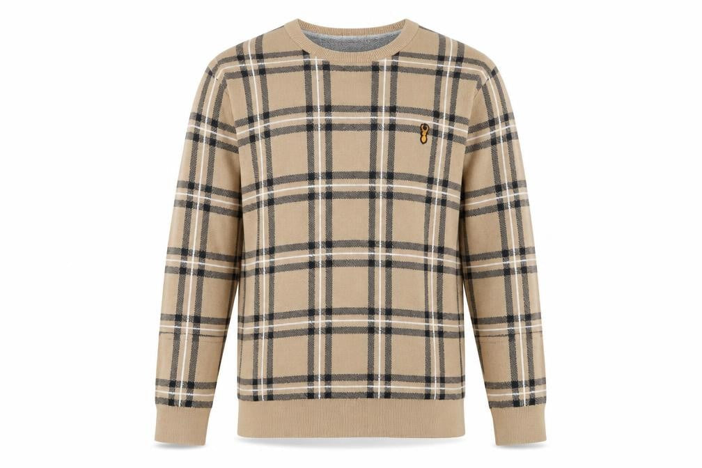 Next Men Beige Check Cotton Crew Neck Pullover Jumper L