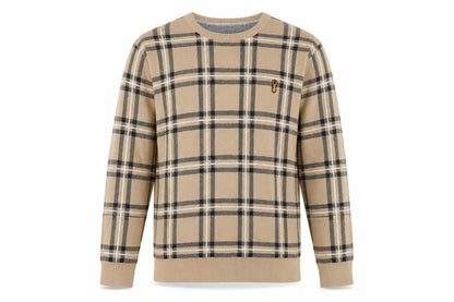 Next Men Beige Check Cotton Crew Neck Pullover Jumper L