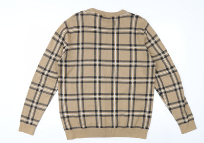 Next Men Beige Check Cotton Crew Neck Pullover Jumper L