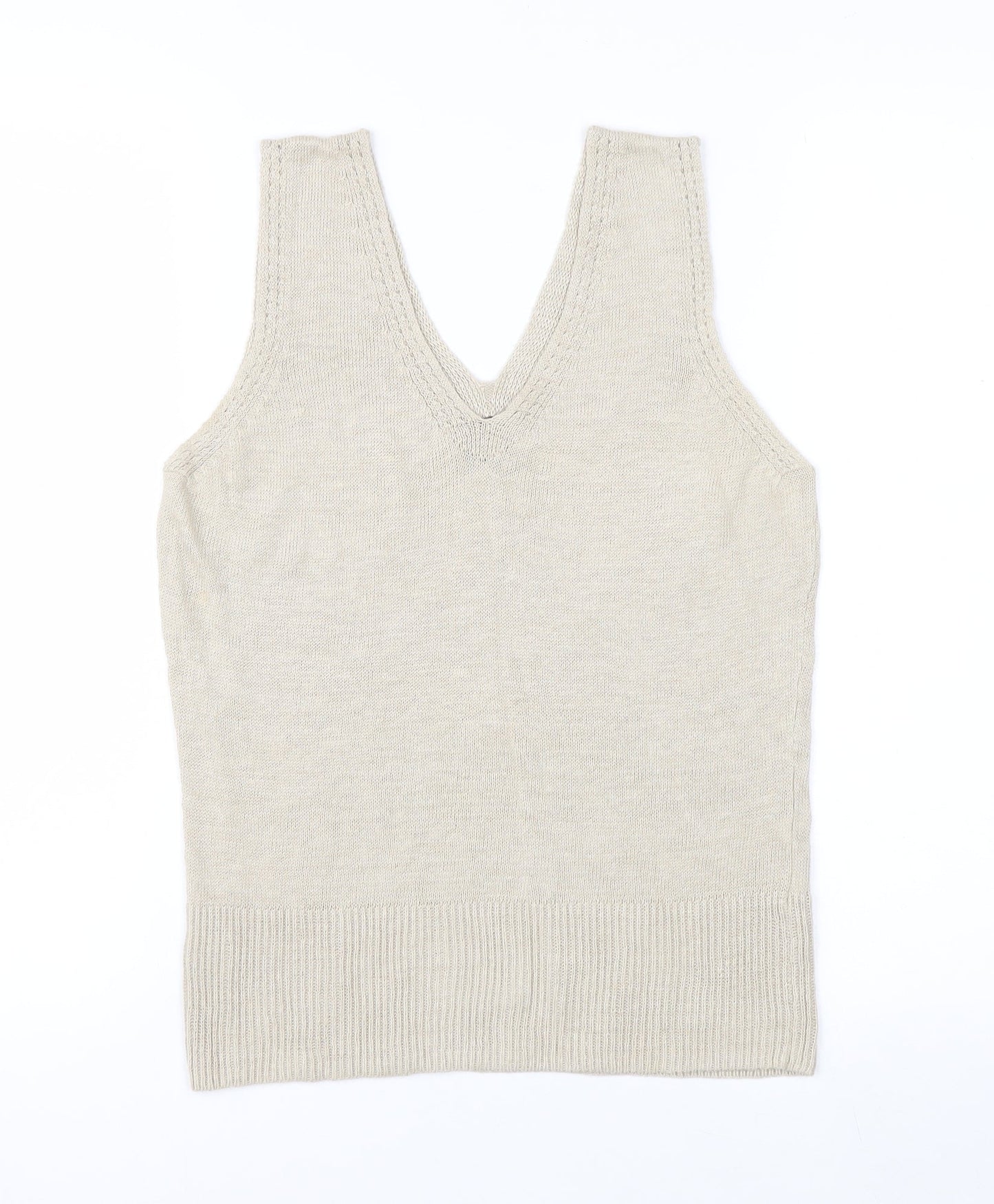 Claudia Sträter Womens Beige Linen V-Neck Sleeveless Tank Top Size 12