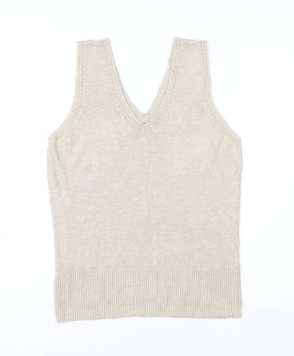Claudia Sträter Womens Beige Linen V-Neck Sleeveless Tank Top Size 12