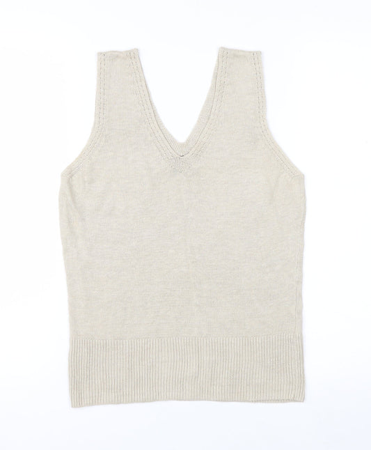 Claudia Sträter Womens Beige Linen V-Neck Sleeveless Tank Top Size 12