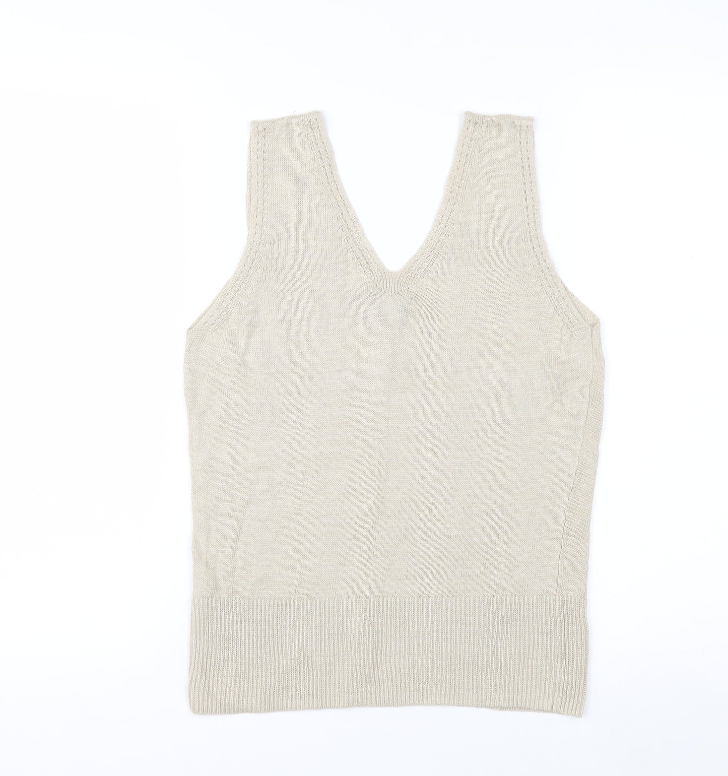 Claudia Sträter Womens Beige Linen V-Neck Sleeveless Tank Top Size 12