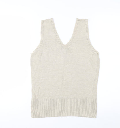 Claudia Sträter Womens Beige Linen V-Neck Sleeveless Tank Top Size 12