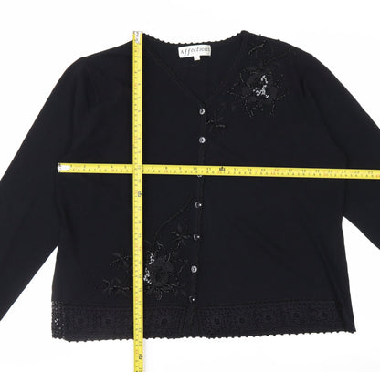 Affections Women Black L Floral Embroidered Sequin Knit Cardigan