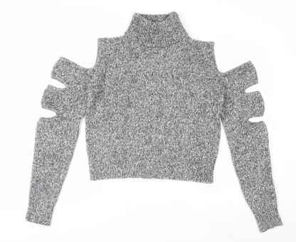 Urban Revivo Women's Grey Roll Neck Cold Shoulder Chunky Knit Jumper Size 10