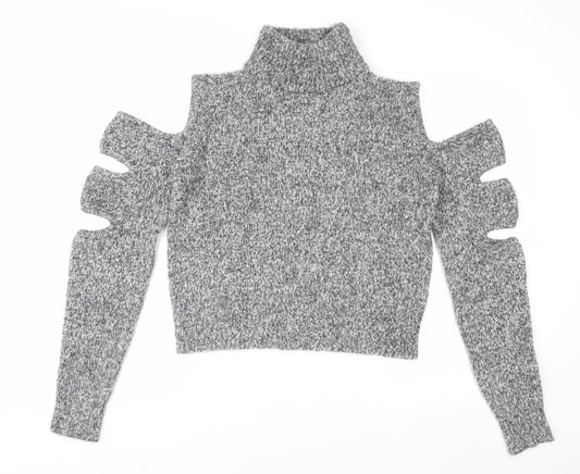 Urban Revivo Women's Grey Roll Neck Cold Shoulder Chunky Knit Jumper Size 10