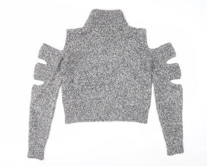 Urban Revivo Women's Grey Roll Neck Cold Shoulder Chunky Knit Jumper Size 10