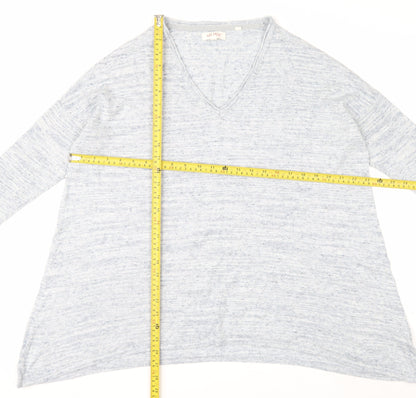 Fat Face Womens Blue V-Neck Cotton Linen Blend Relaxed Fit Jumper Size 14