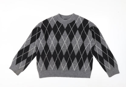 New Look Women's Grey Argyle Crew Neck Jumper Size S