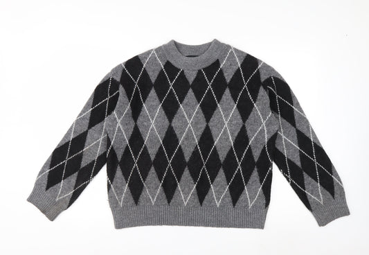 New Look Women's Grey Argyle Crew Neck Jumper Size S