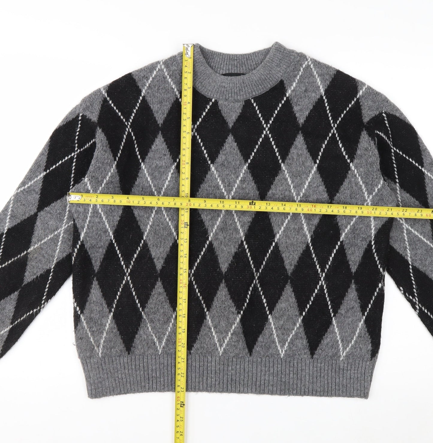 New Look Women's Grey Argyle Crew Neck Jumper Size S