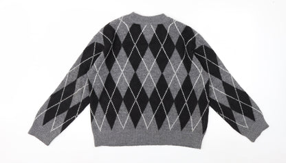 New Look Women's Grey Argyle Crew Neck Jumper Size S