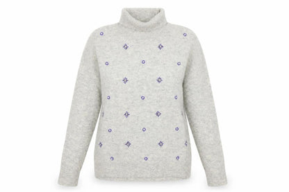 Laura Ashley Women Grey Wool Roll Neck Jumper UK 12 Beaded Embellished