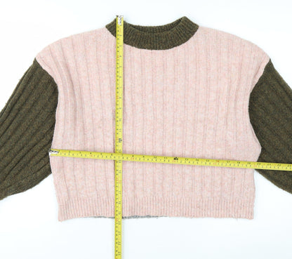 Topshop Women’s Pink & Khaki Ribbed Knit Crew Neck Jumper XS