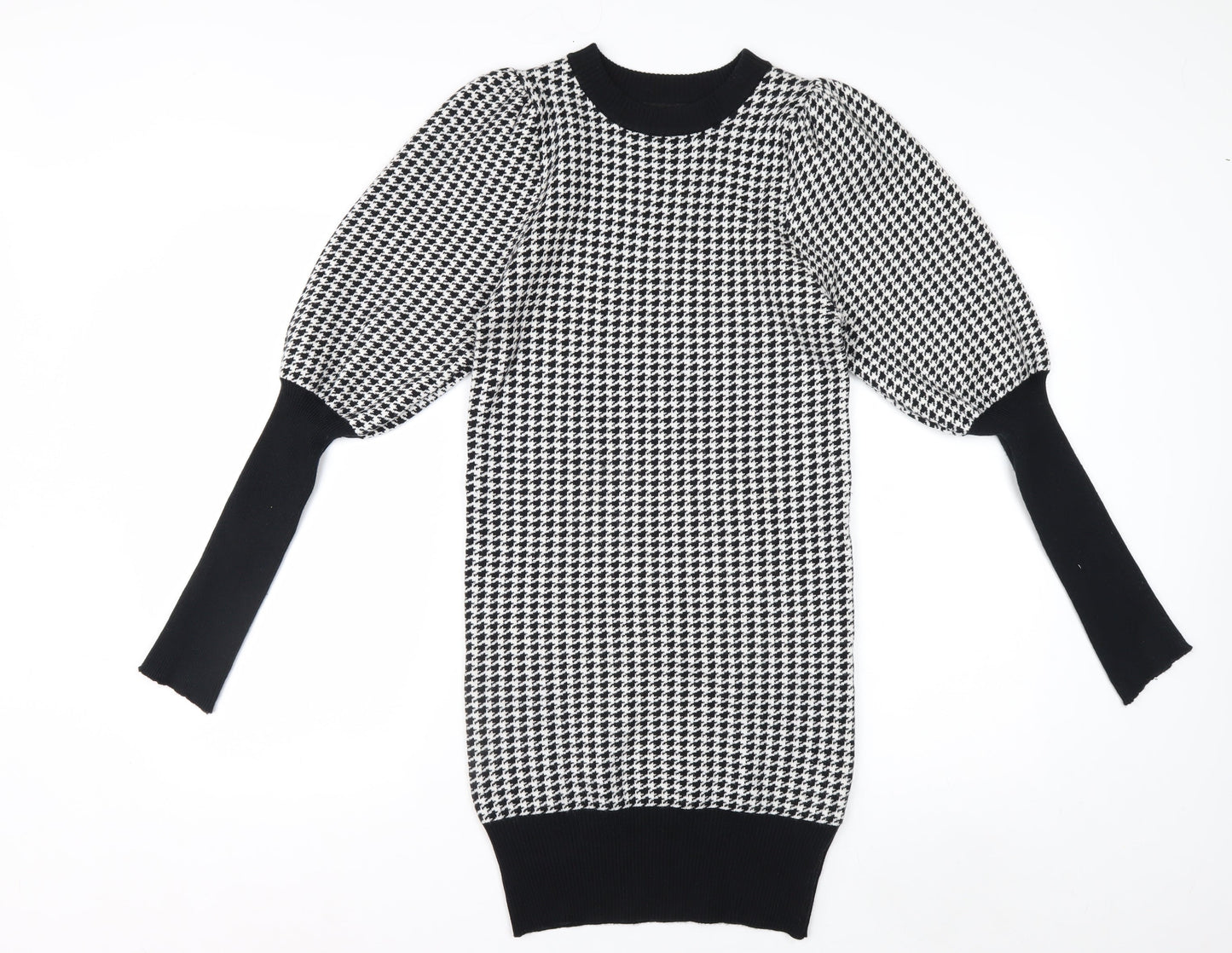 QED LDN Women’s Black Houndstooth Knit Puff Sleeve Pencil Dress M