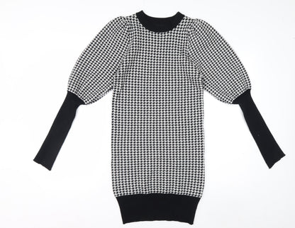 QED LDN Women’s Black Houndstooth Knit Puff Sleeve Pencil Dress M