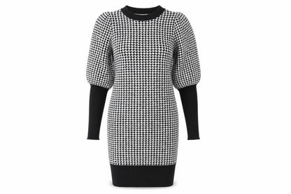 QED LDN Women’s Black Houndstooth Knit Puff Sleeve Pencil Dress M