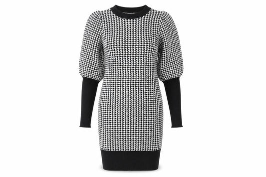 QED LDN Women’s Black Houndstooth Knit Puff Sleeve Pencil Dress M
