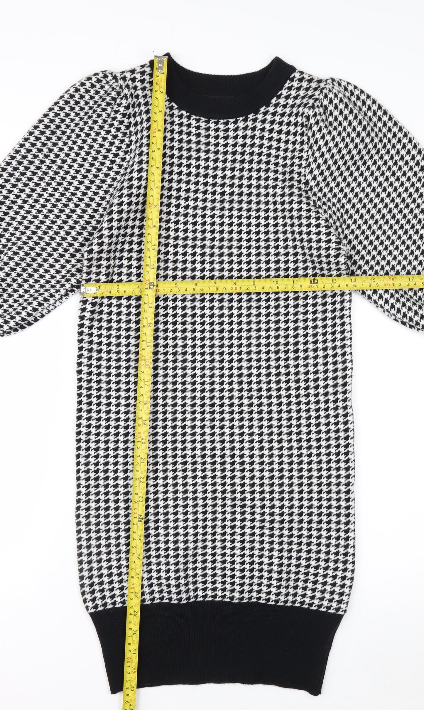 QED LDN Women’s Black Houndstooth Knit Puff Sleeve Pencil Dress M