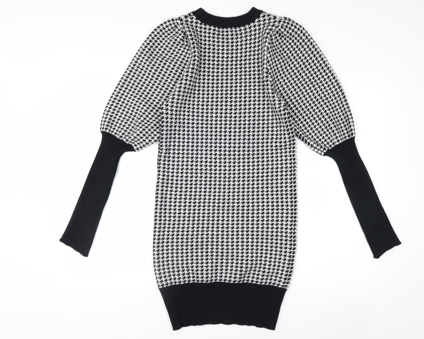 QED LDN Women’s Black Houndstooth Knit Puff Sleeve Pencil Dress M