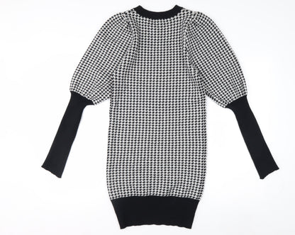 QED LDN Women’s Black Houndstooth Knit Puff Sleeve Pencil Dress M