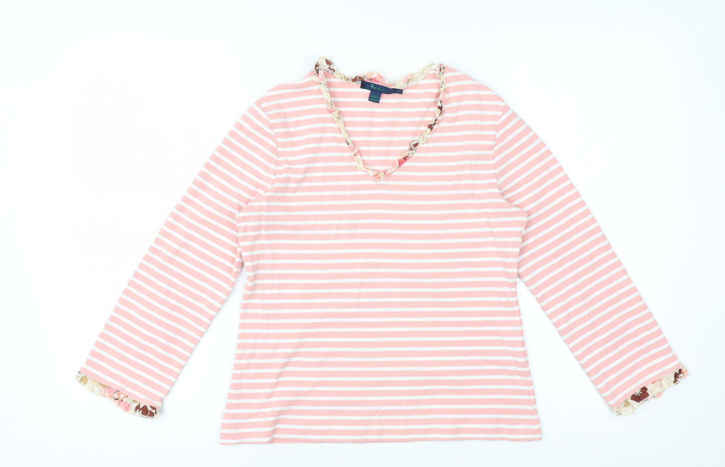 Boden Womens Pink Striped Long Sleeve V-Neck Cotton Top Size 14