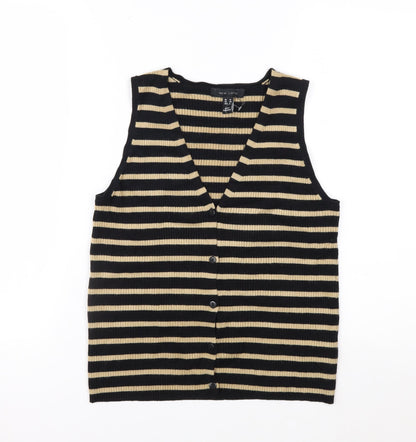 New Look Women’s Black Beige Striped Knit Vest UK 12 V-Neck