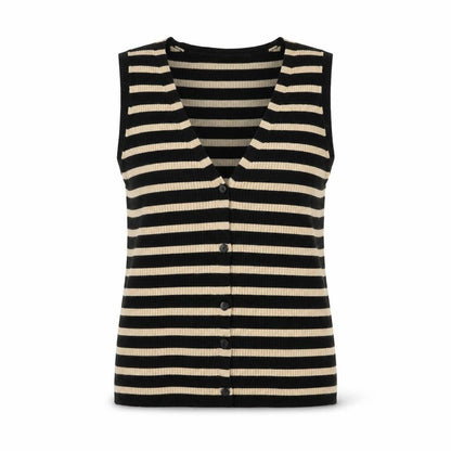 New Look Women’s Black Beige Striped Knit Vest UK 12 V-Neck