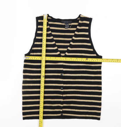 New Look Women’s Black Beige Striped Knit Vest UK 12 V-Neck