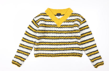 Topshop Women's Multicoloured Striped V-Neck Chunky Knit Jumper Size 10