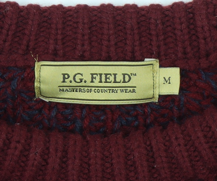 P.G. Field Men's Burgundy Crew Neck Chunky-Knit Jumper Size M