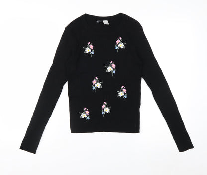H&M Divided Women's Black Floral Embroidered Long Sleeve Jersey Top Size S