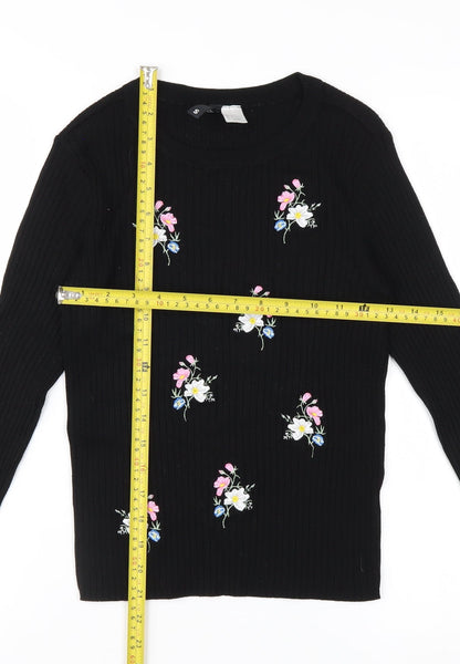 H&M Divided Women's Black Floral Embroidered Long Sleeve Jersey Top Size S