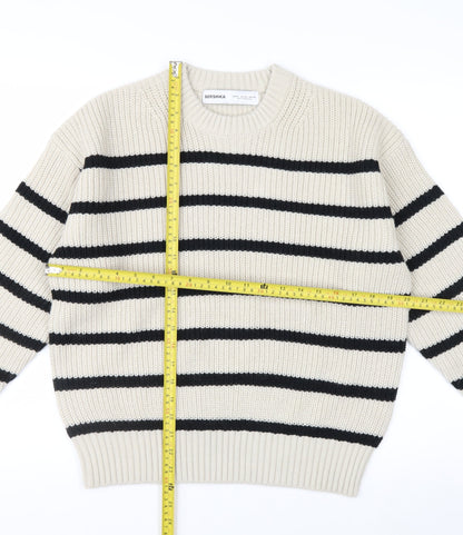 Bershka Women’s Beige Striped Chunky Knit Jumper XS