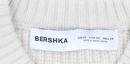 Bershka Women’s Beige Striped Chunky Knit Jumper XS
