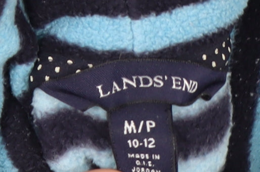 Lands' End Women Blue Black Striped Fleece Pullover Sweatshirt 10-12