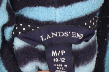 Lands' End Women Blue Black Striped Fleece Pullover Sweatshirt 10-12
