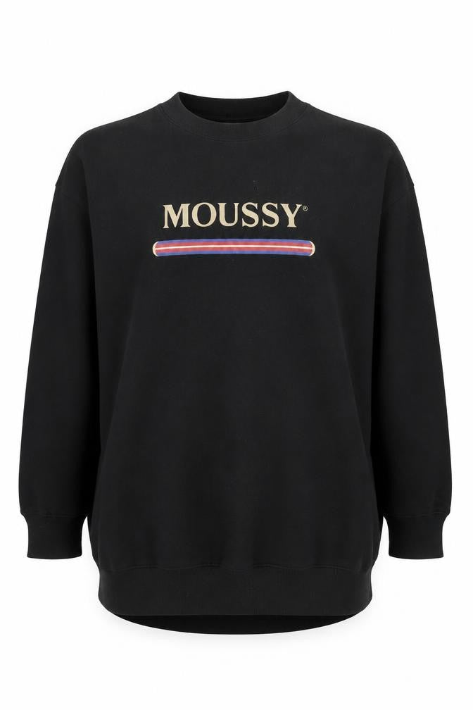 Front view of MOUSSY Black Logo Pullover Sweatshirt unisex adults l fleece cotton blend