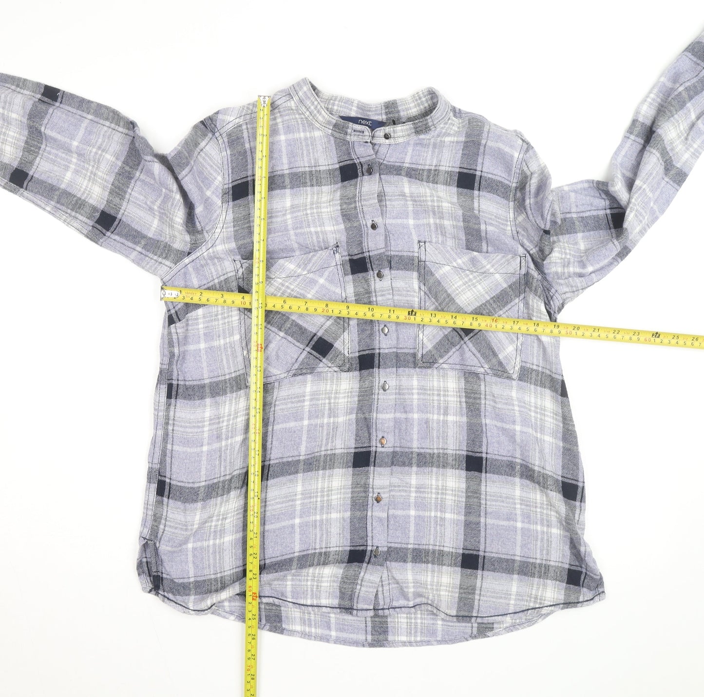 Next Men's Grey Check Flannel Band Collar Long Sleeve Shirt Size 14