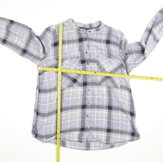 Next Men's Grey Check Flannel Band Collar Long Sleeve Shirt Size 14
