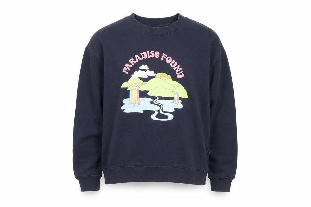 Front view of Monki unisex blue paradise found graphic pullover sweatshirt l
