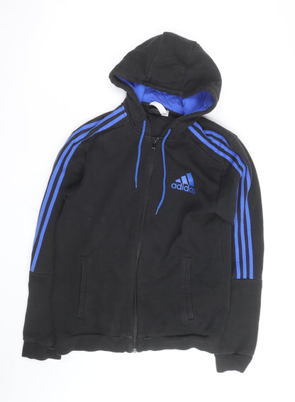 Adidas Men's Black Full Zip Hoodie with Blue Stripes Size M