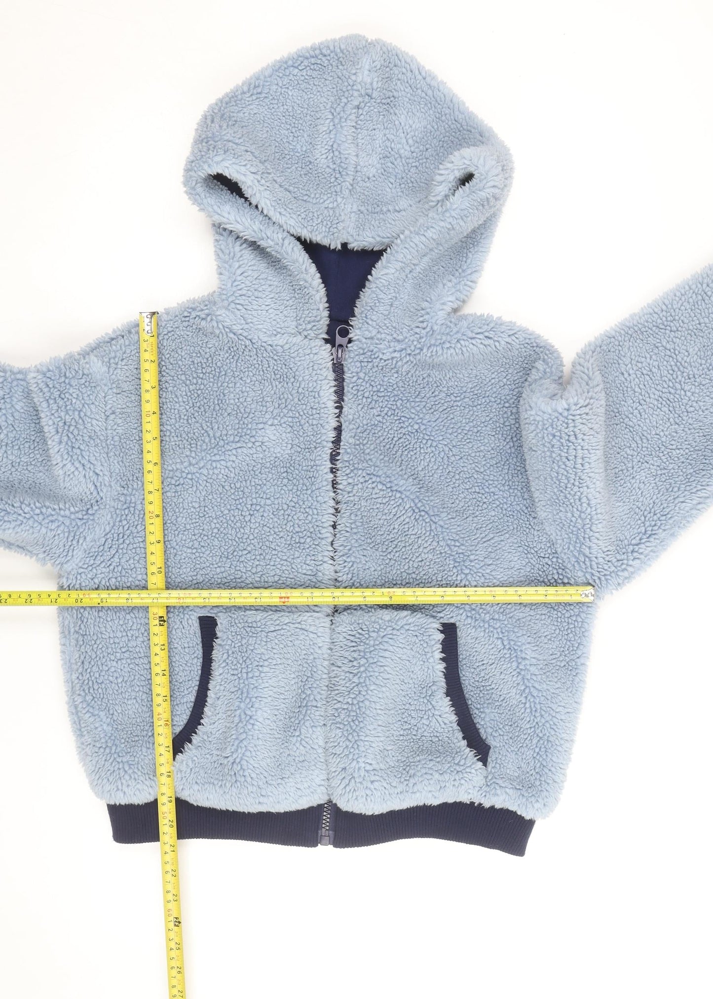 Bershka Women Blue Hooded Fleece Jacket Size M Full Zip Winter Coat